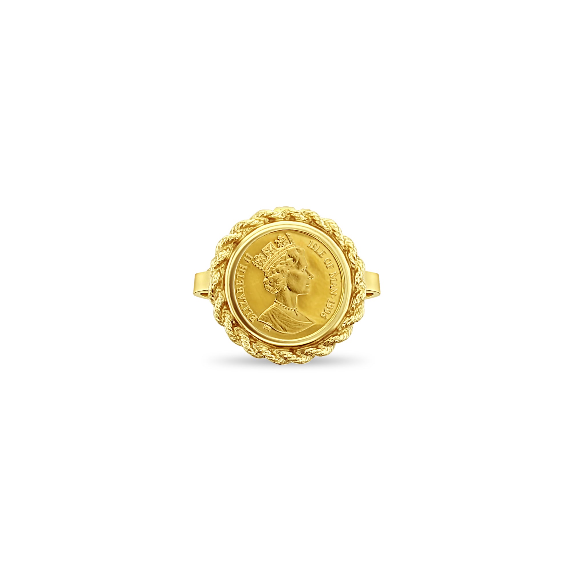 Anillo de cuerda con moneda de oro de la Isla de Man de Isabel II en oro amarillo de 14 k