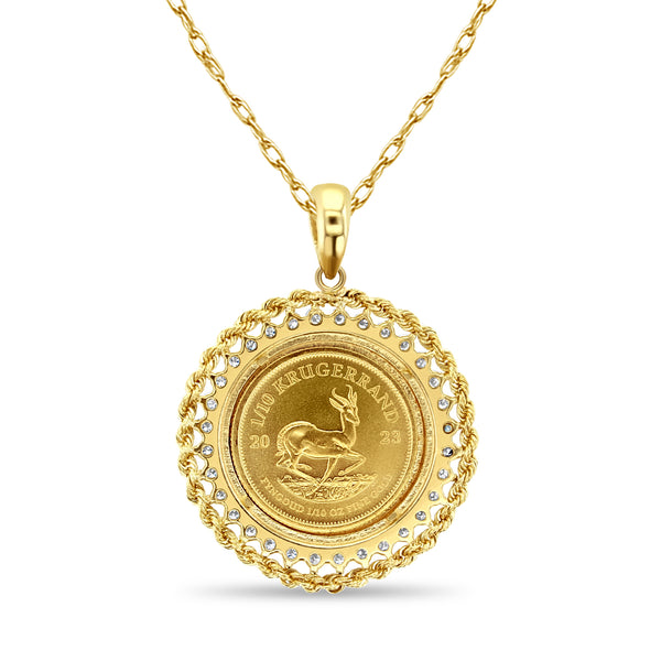 One Tenth Oz South African Diamond & Rope Coin Necklace
