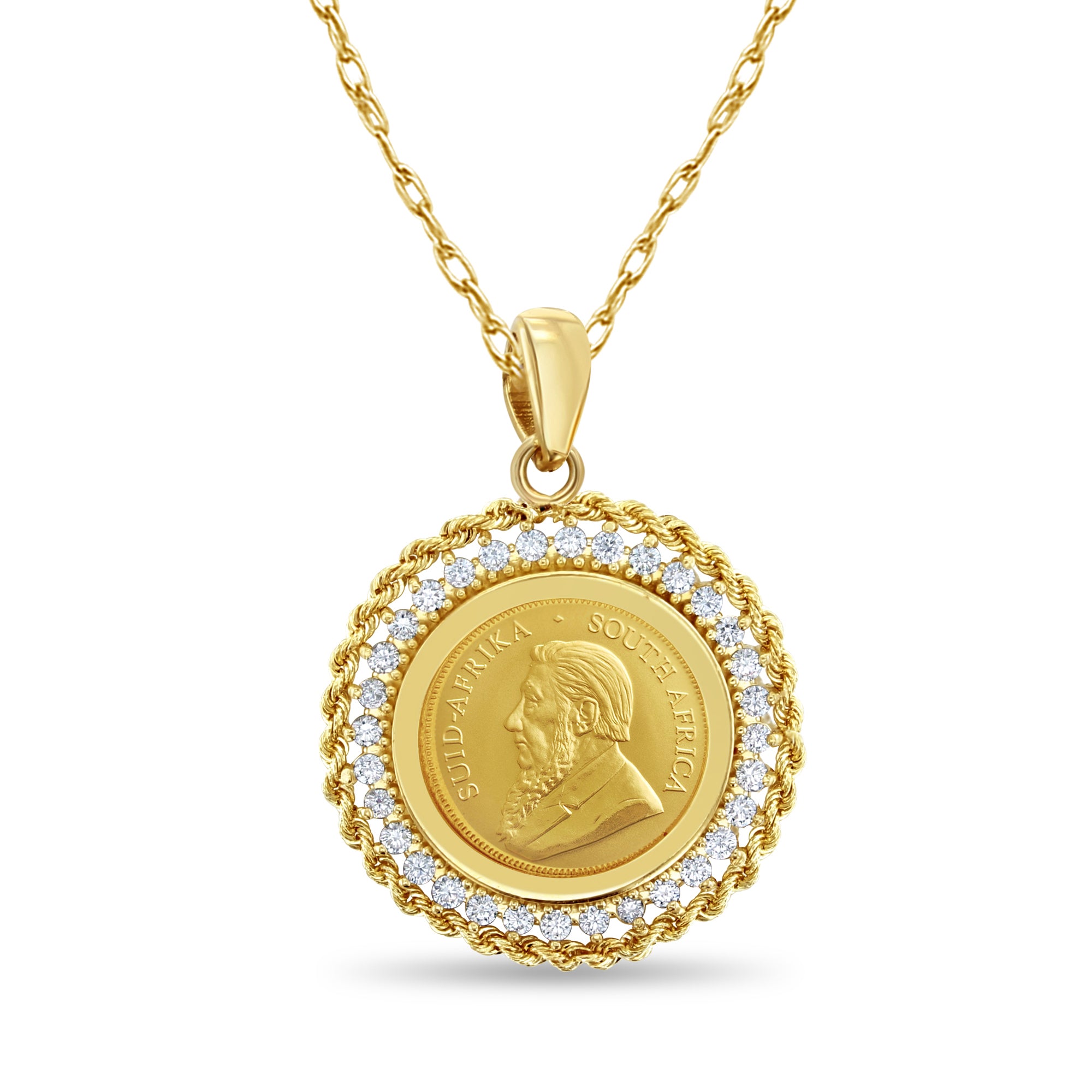 Collar con moneda de cuerda y diamante sudafricano de una décima de onza