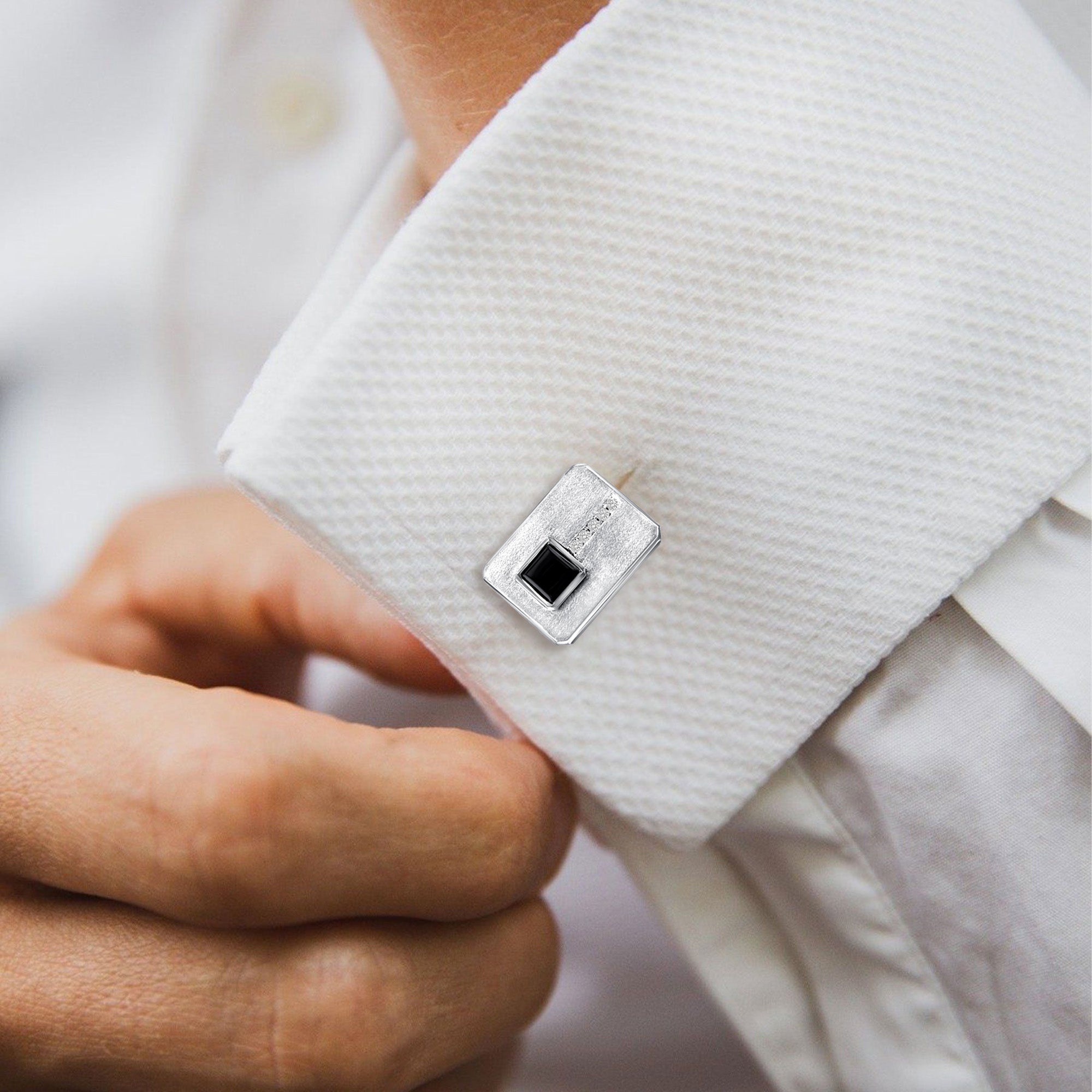 Rectangle Shaped Diamond & Onyx Cuff Links 14k White Gold