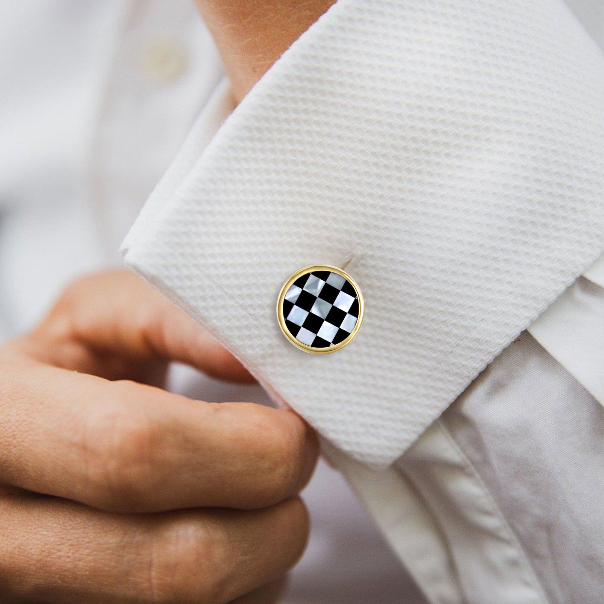 Checkered Mother of Pearl & Onyx Cuff Links with 14k Yellow Gold Bezel