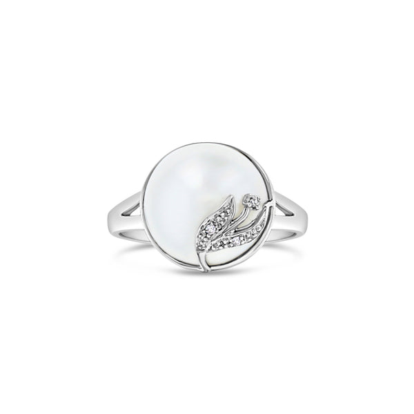 13MM - 14MM Mabe Pearl Ring with Diamond Tulip Design