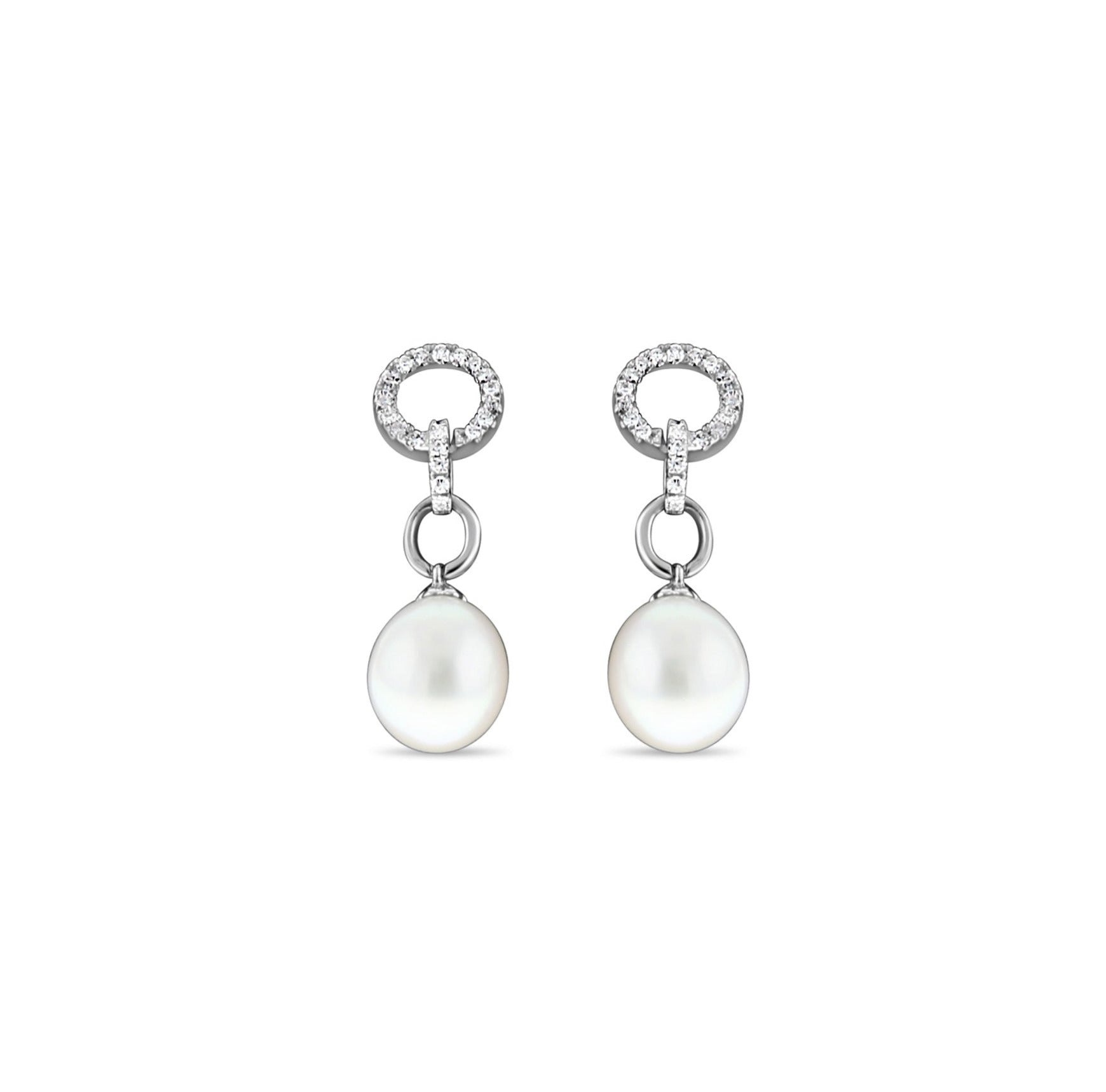 Pendientes colgantes de diamantes y perlas de agua dulce de 8 mm, 0,19 ct, oro blanco de 14 k