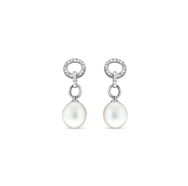 8MM Freshwater Pearl Diamond Drop Earrings .19cttw 14k White Gold