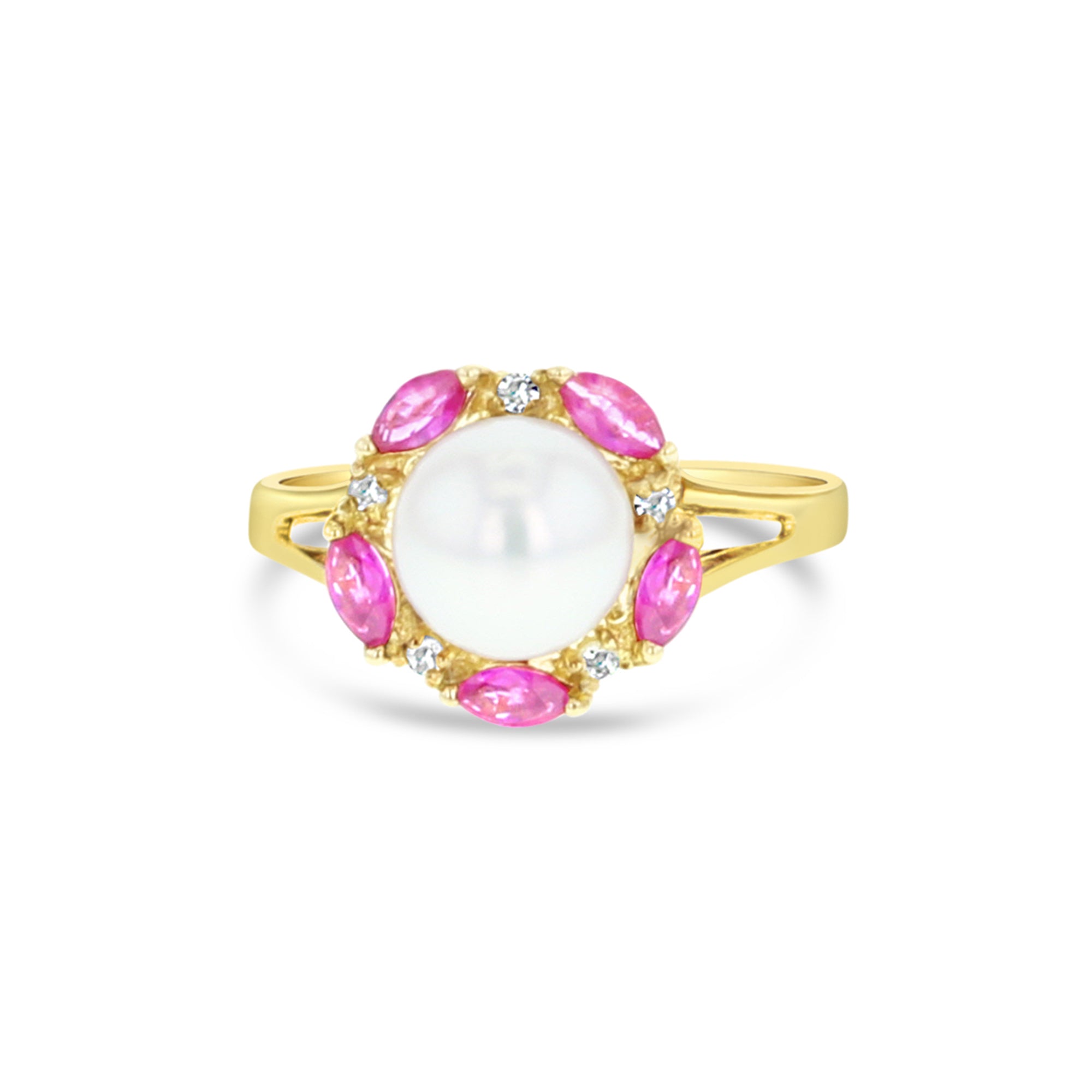 7MM Freshwater White Pearl & Ruby Diamond Halo Ring 14k Yellow Gold