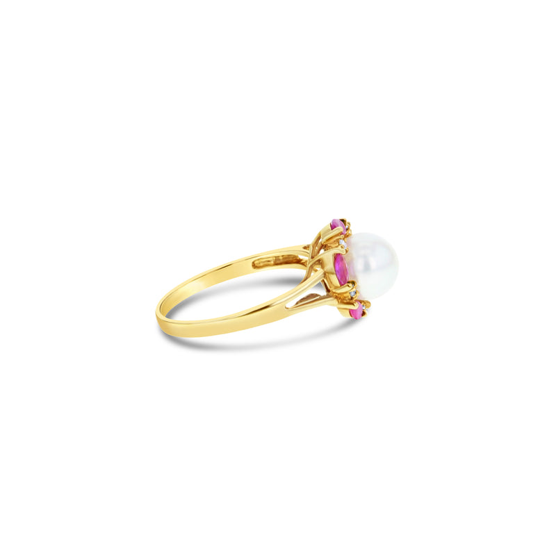 7MM Freshwater White Pearl & Ruby Diamond Halo Ring 14k Yellow Gold