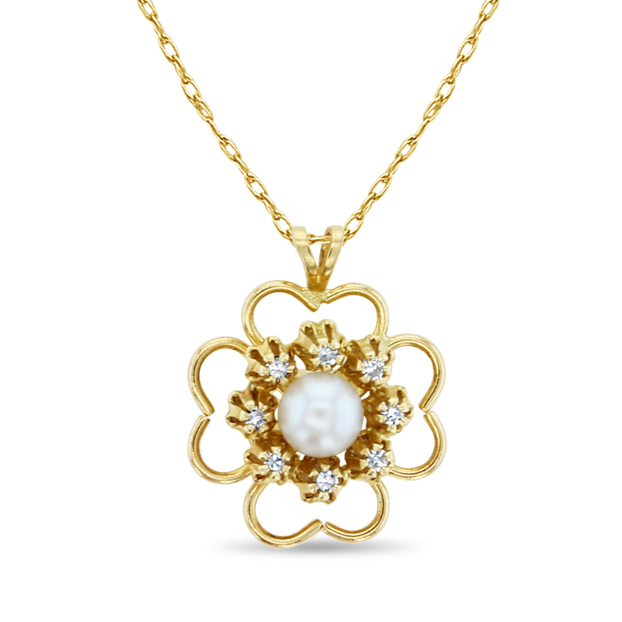 Flower Shaped Pearl Center with Diamond Halo Necklace 14k Yellow Gold