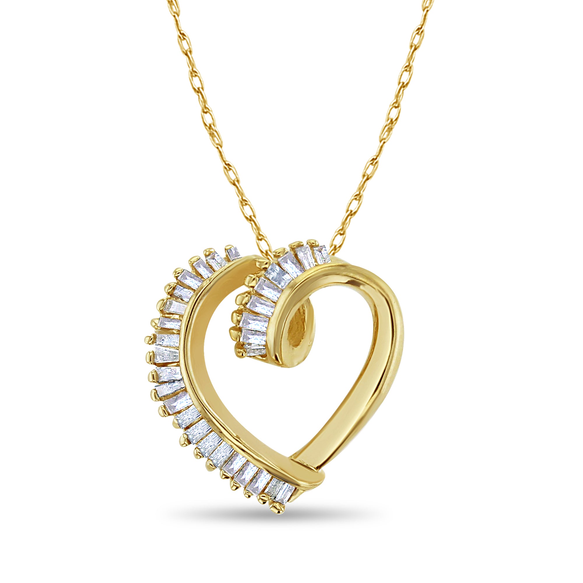 Floating Diamond Baguette Heart Shaped Necklace 14k Yellow Gold