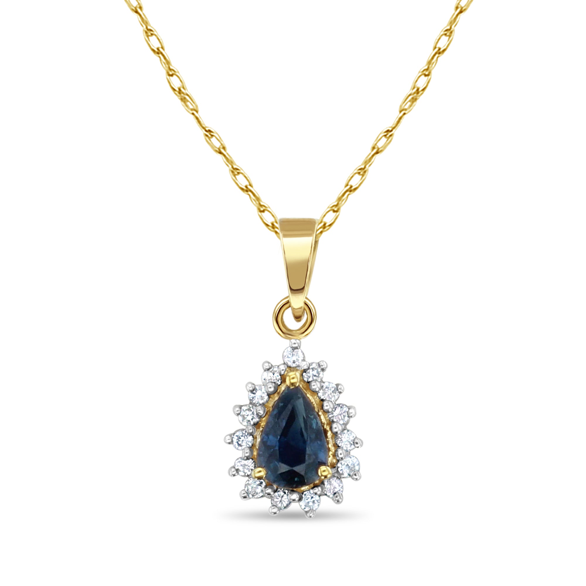 Collier en or jaune 14 carats avec saphir en forme de poire et halo de diamants