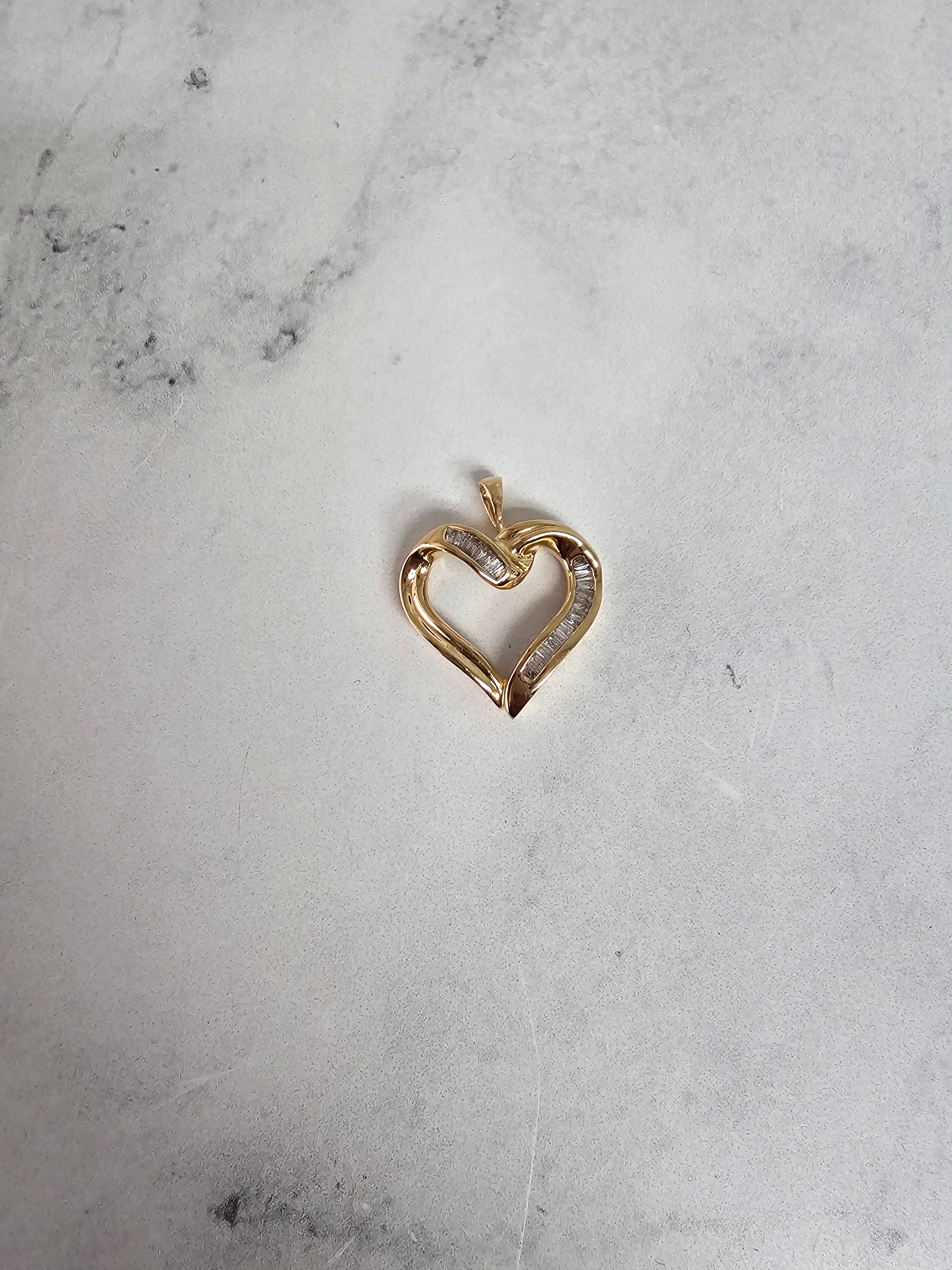 Baguette Heart Shaped Diamond Necklace 14k Yellow Gold