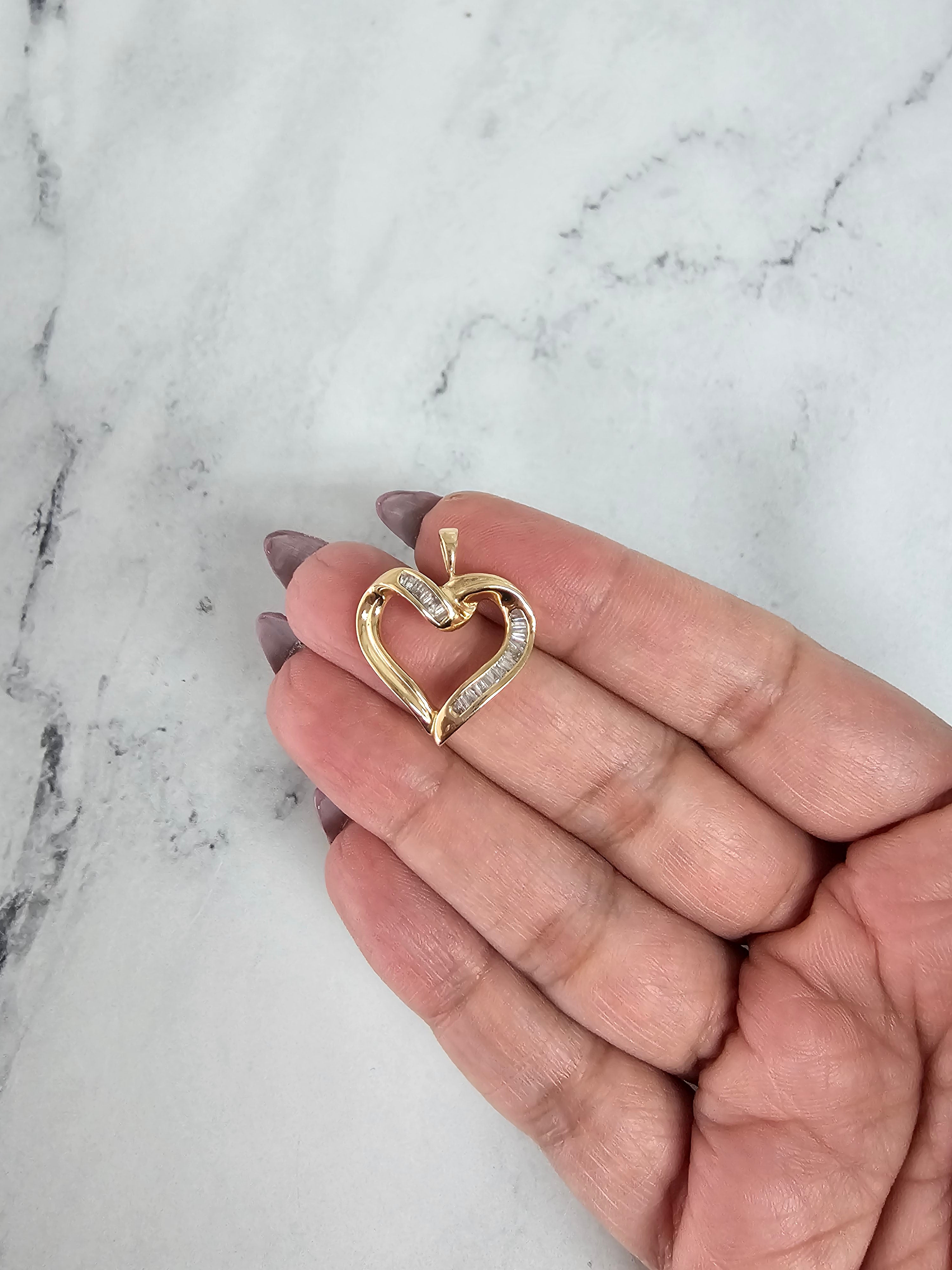 Baguette Heart Shaped Diamond Necklace 14k Yellow Gold