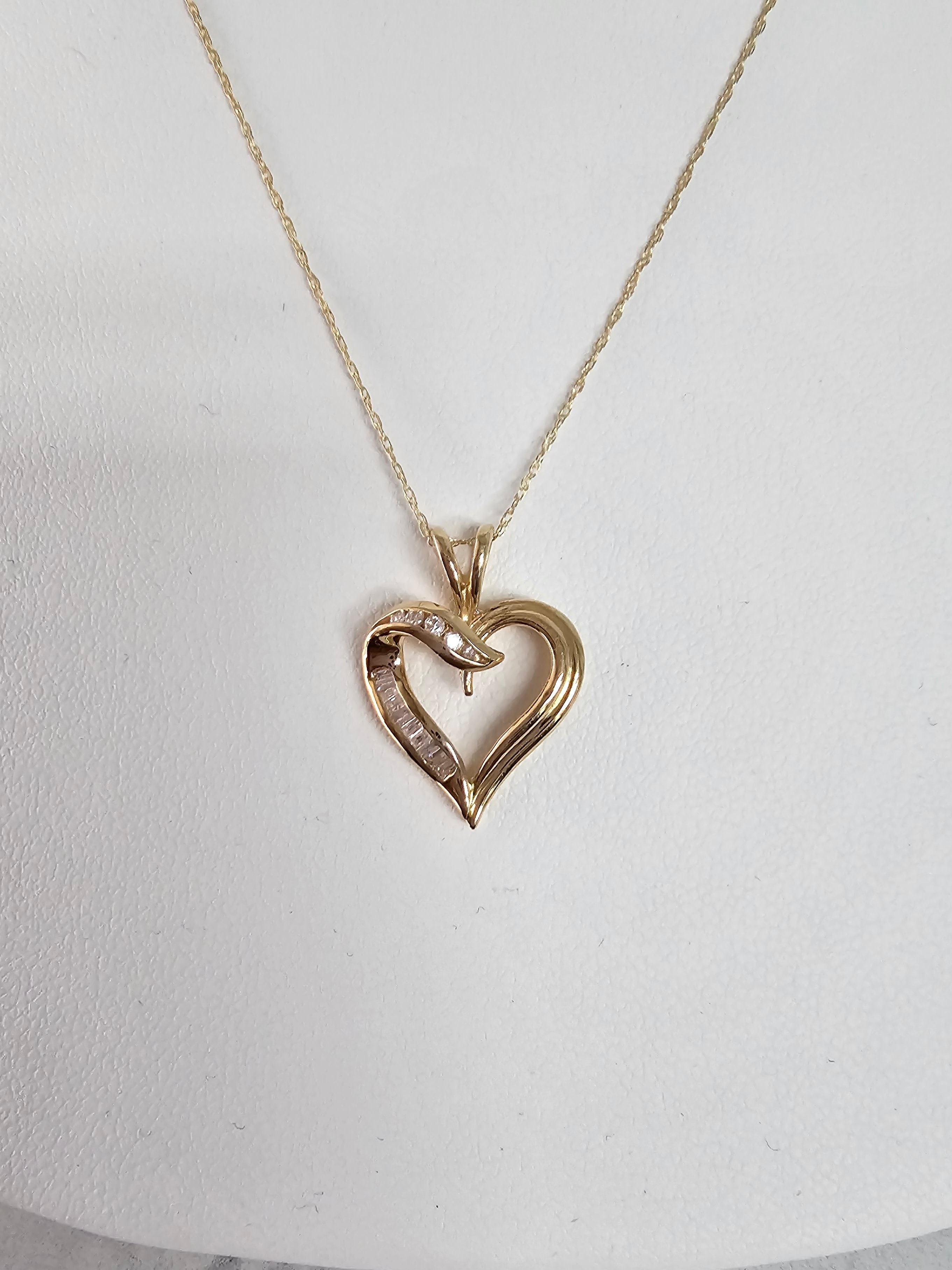 Baguette & Round Heart Shaped Diamond Necklace 14k Yellow Gold