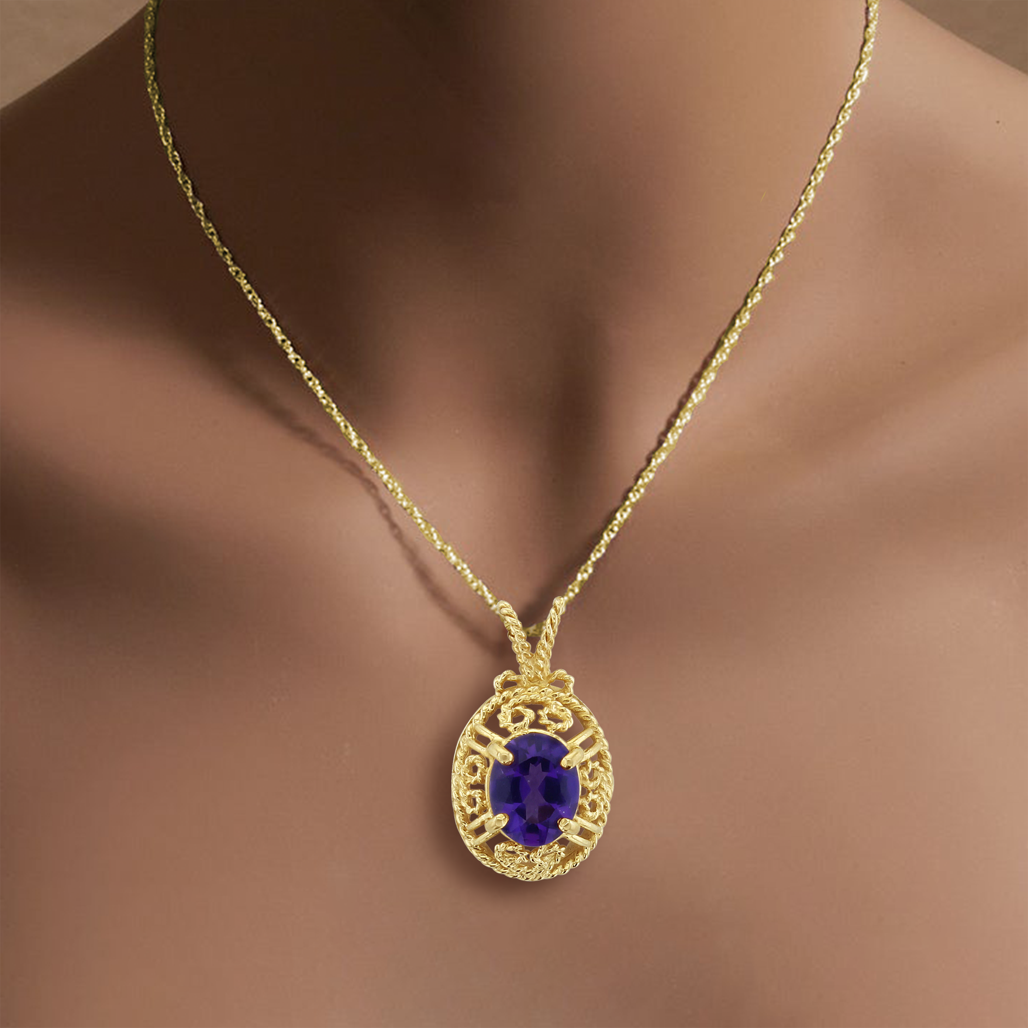 Amethyst with Vintage Style Bezel Necklace 14k Yellow Gold