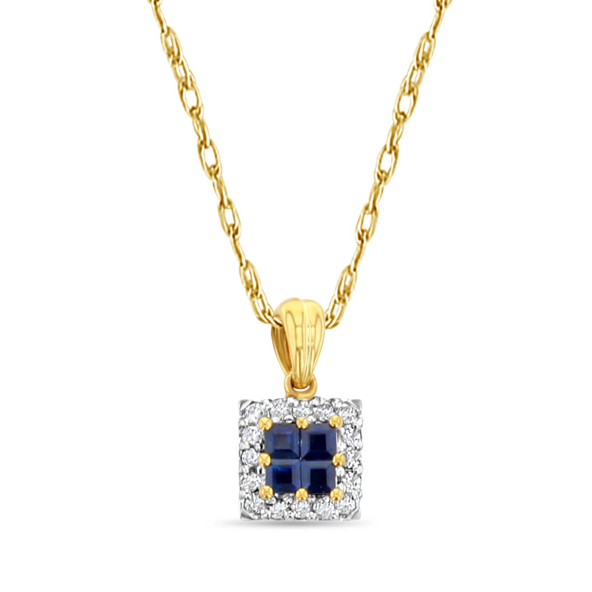 Pendentif carré en or jaune 14 carats avec saphir et diamant de 0,95 ct