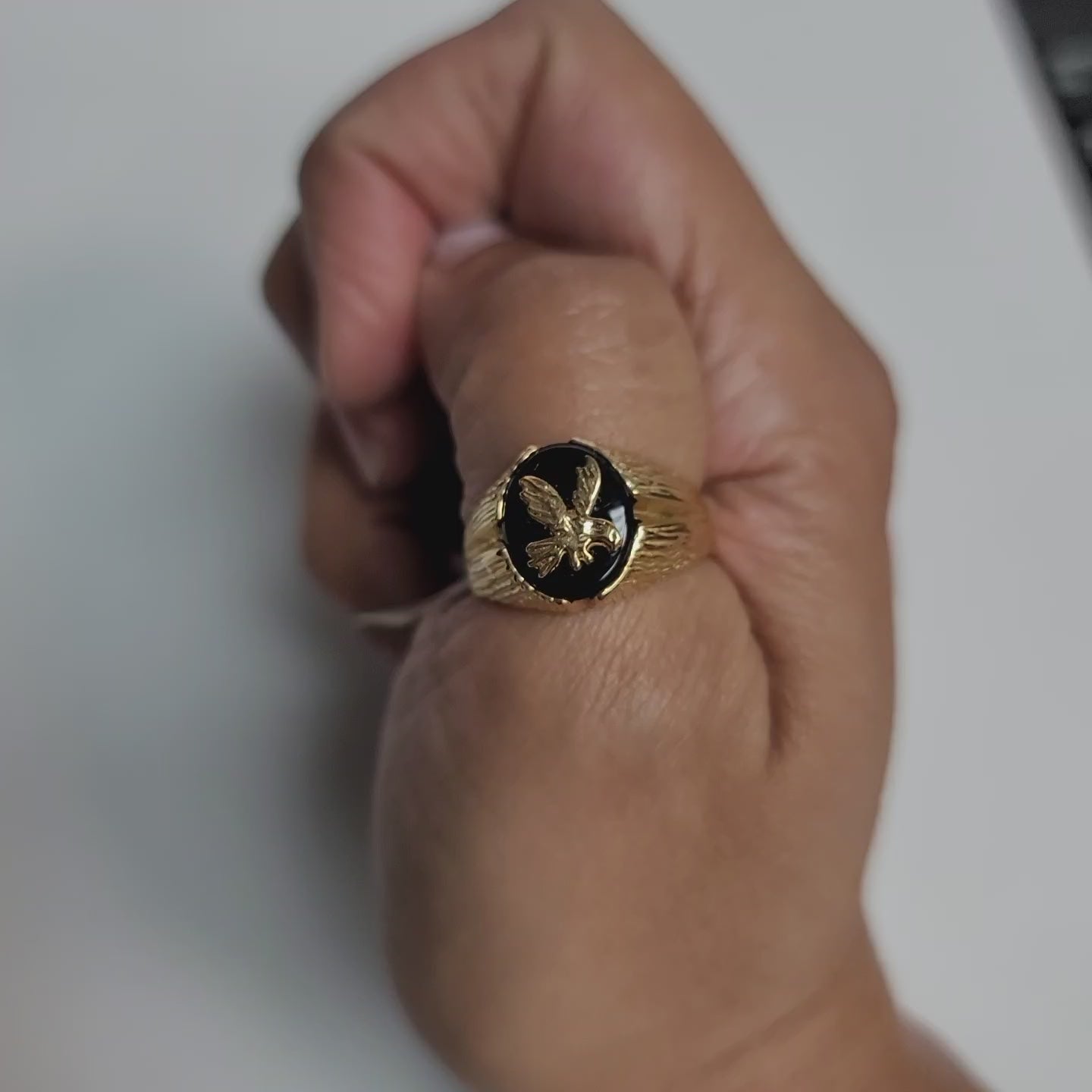 Black Onyx Eagle Ring with Bark Textured Band 14k Yellow Gold