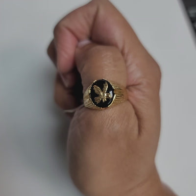 Black Onyx Eagle Ring with Bark Textured Band 14k Yellow Gold