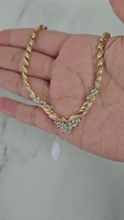 'V' Shaped Two-Toned Diamond Vintage Style Necklace