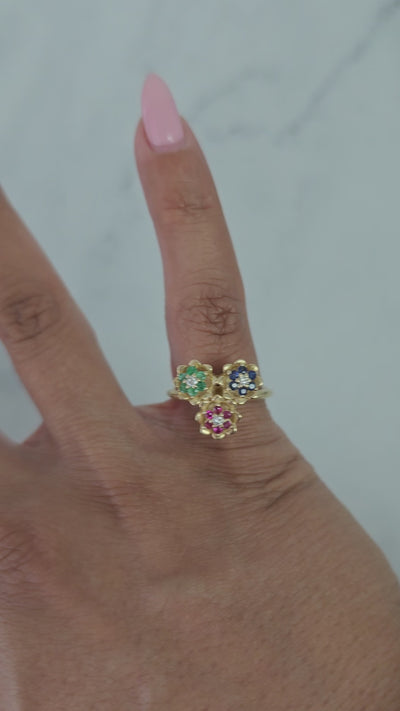 Sapphire, Emerald, Ruby Tulip Flower Ring 14k Yellow Gold