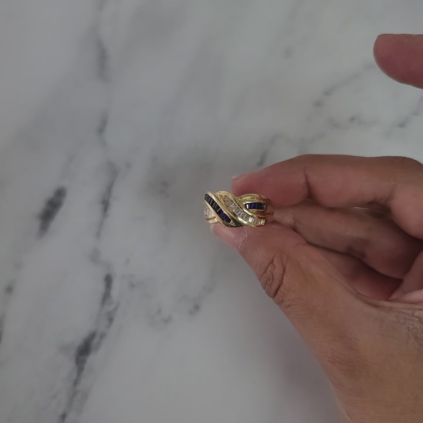 Sapphire & Diamond Baguette Cocktail Ring 14k Yellow Gold