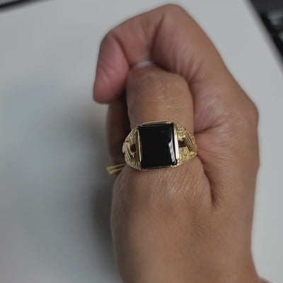 Men's Square Onyx Ring with Gun Design 14k Yellow Gold