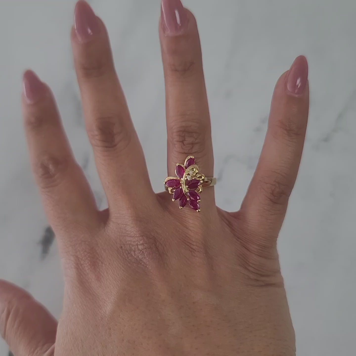 Marquise Ruby Leaf Floral Cluster Ring 14k Yellow Gold