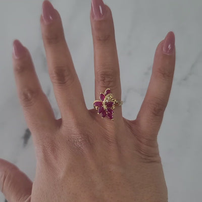 Marquise Ruby Leaf Floral Cluster Ring 14k Yellow Gold