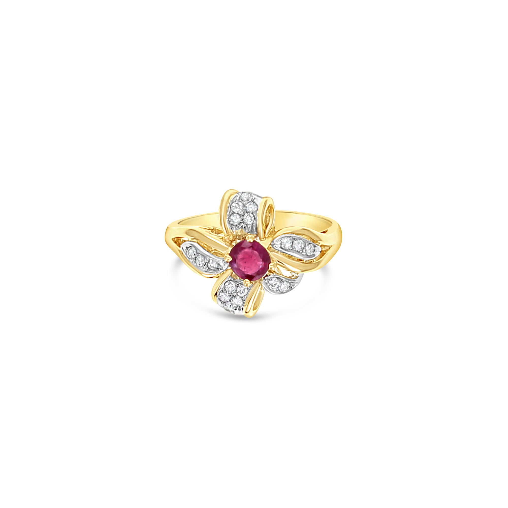 Bague cocktail en or jaune 14 carats avec diamants et rubis en forme de fleur, 70 ct