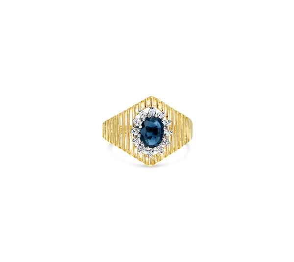 Sapphire Diamond Halo Cocktail Ring 14k Yellow Gold