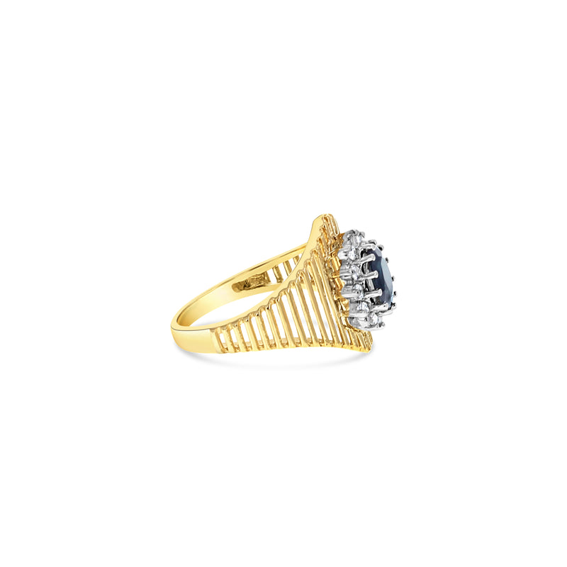 Sapphire Diamond Halo Cocktail Ring 14k Yellow Gold