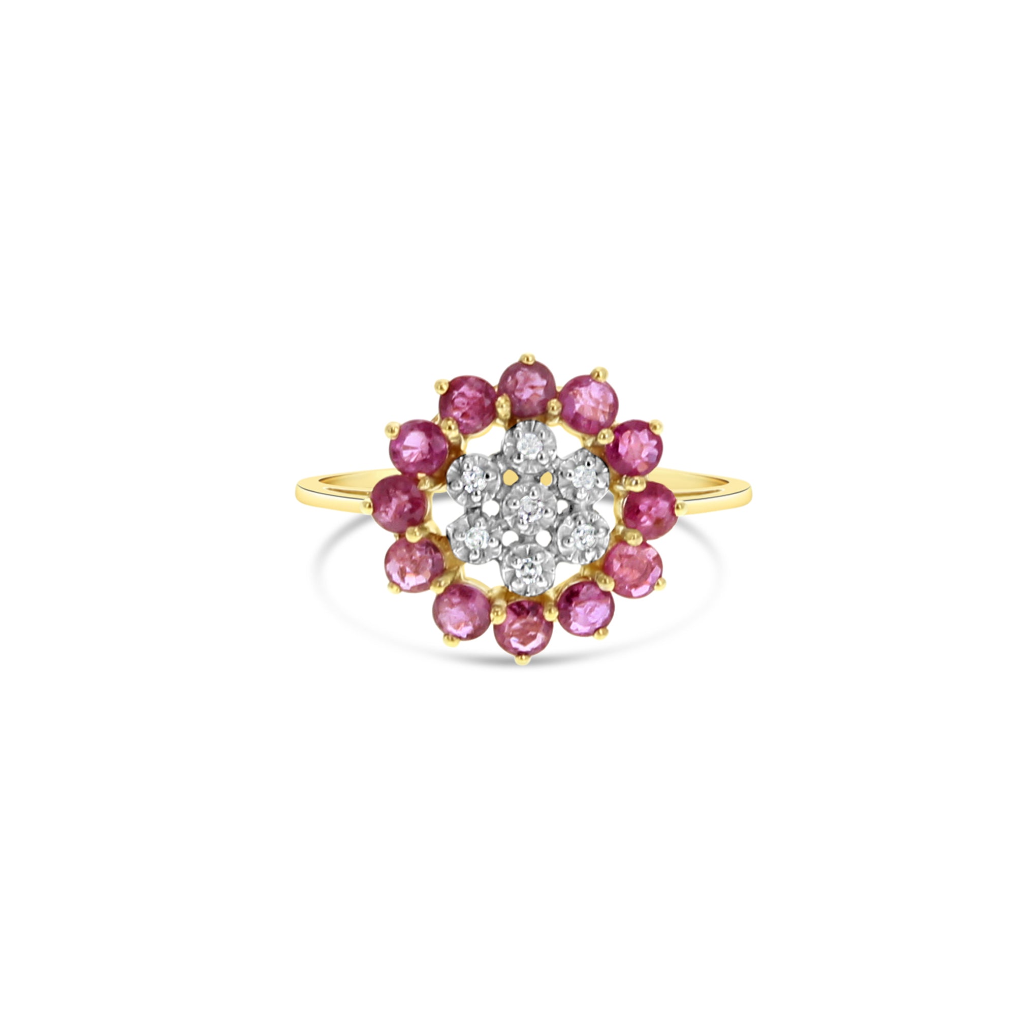 Anillo de rubí y diamantes Sunburst de 1,00 ct en oro amarillo de 14 k