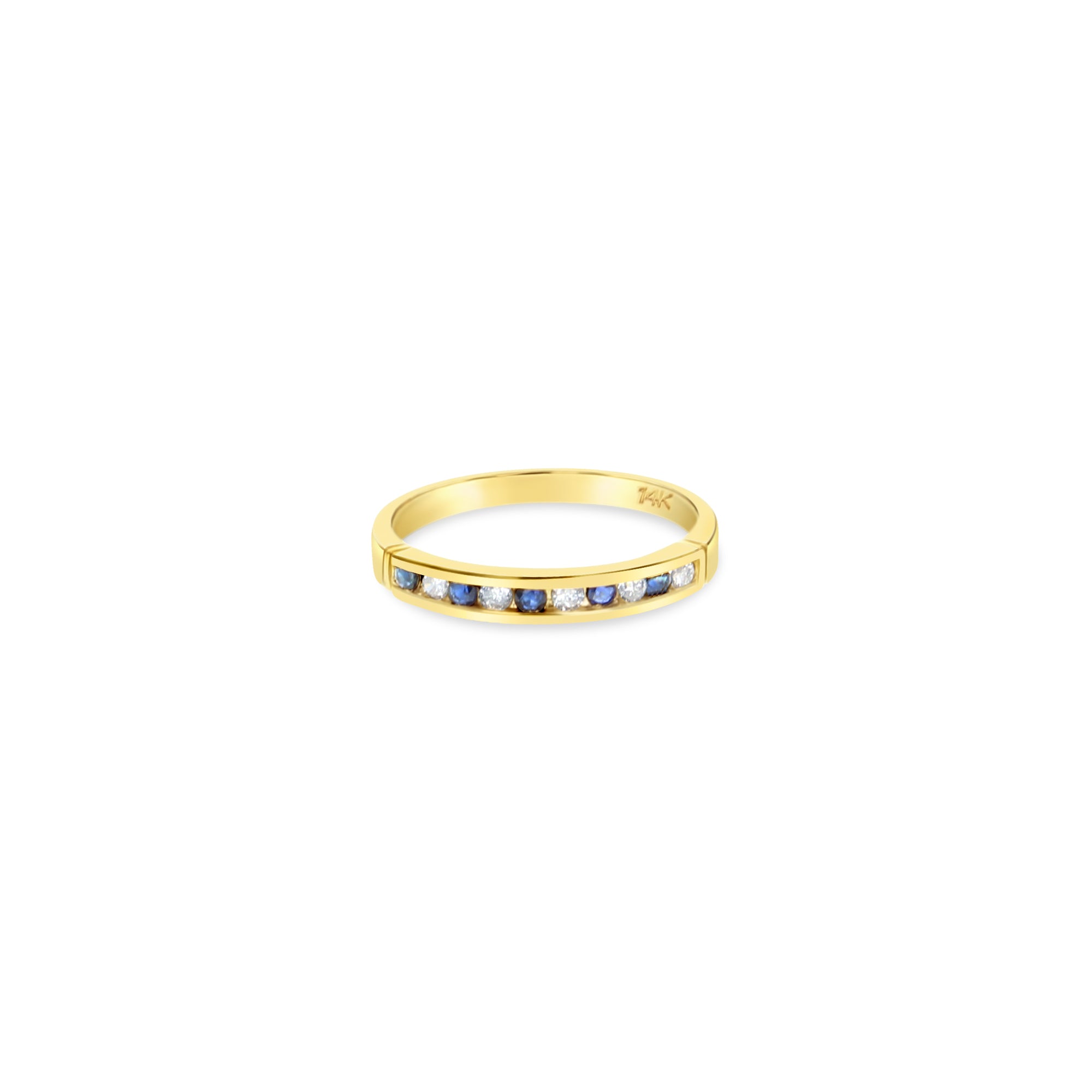 Alianza de boda con diamantes y zafiro en oro amarillo de 14 k