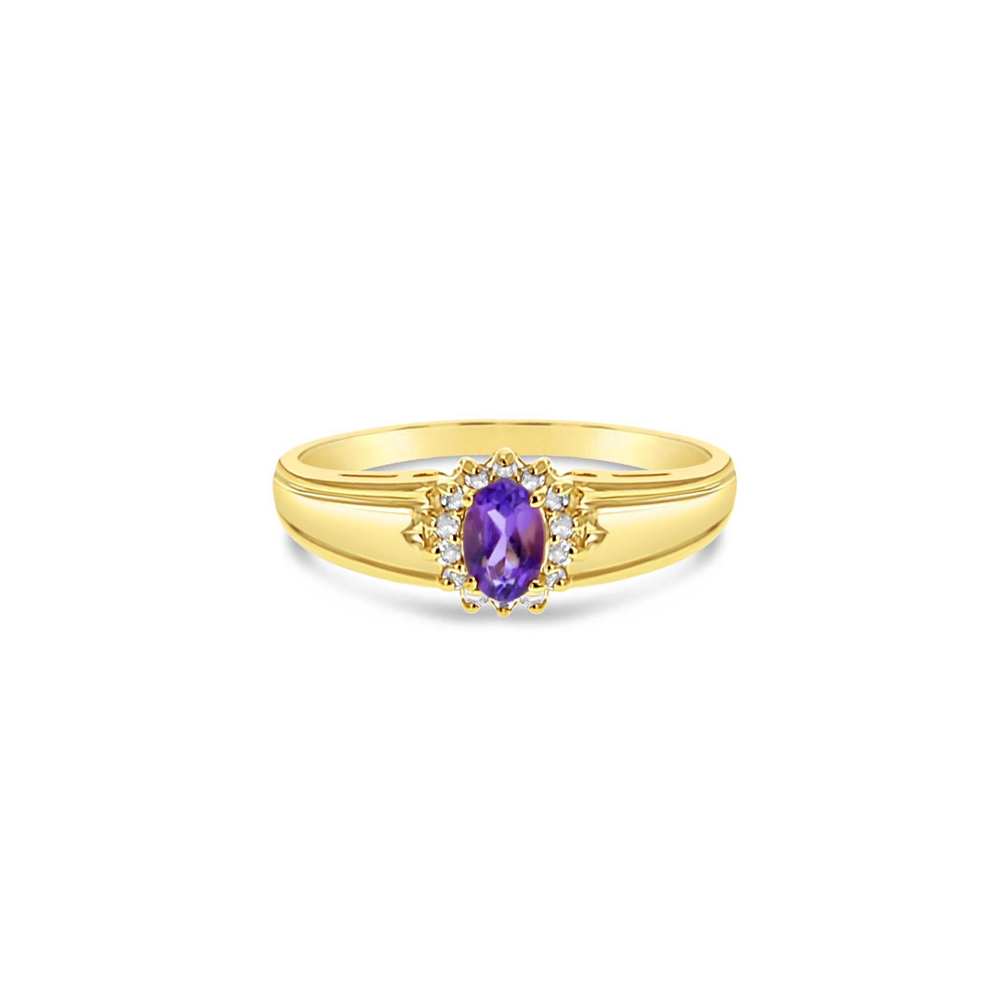 Anillo de oro amarillo de 14 k con halo de diamantes y amatista