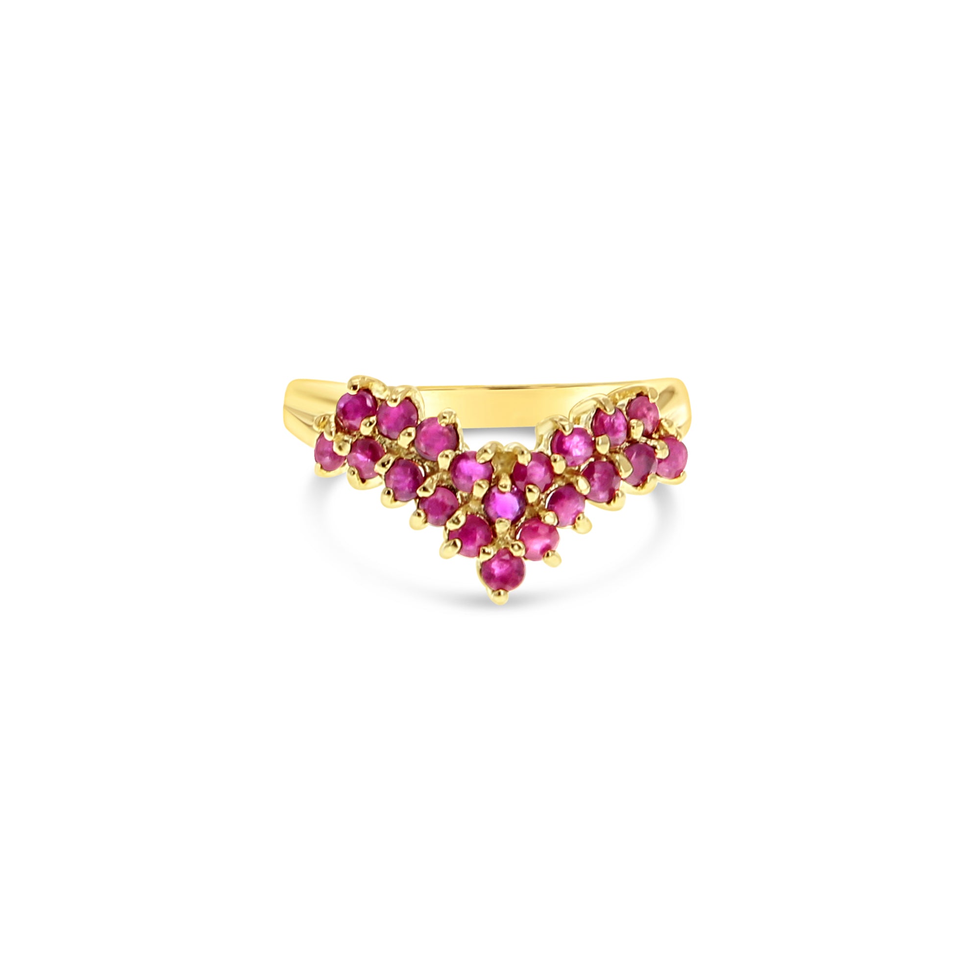 Bague en forme de V avec grappe de rubis en or jaune 14 carats