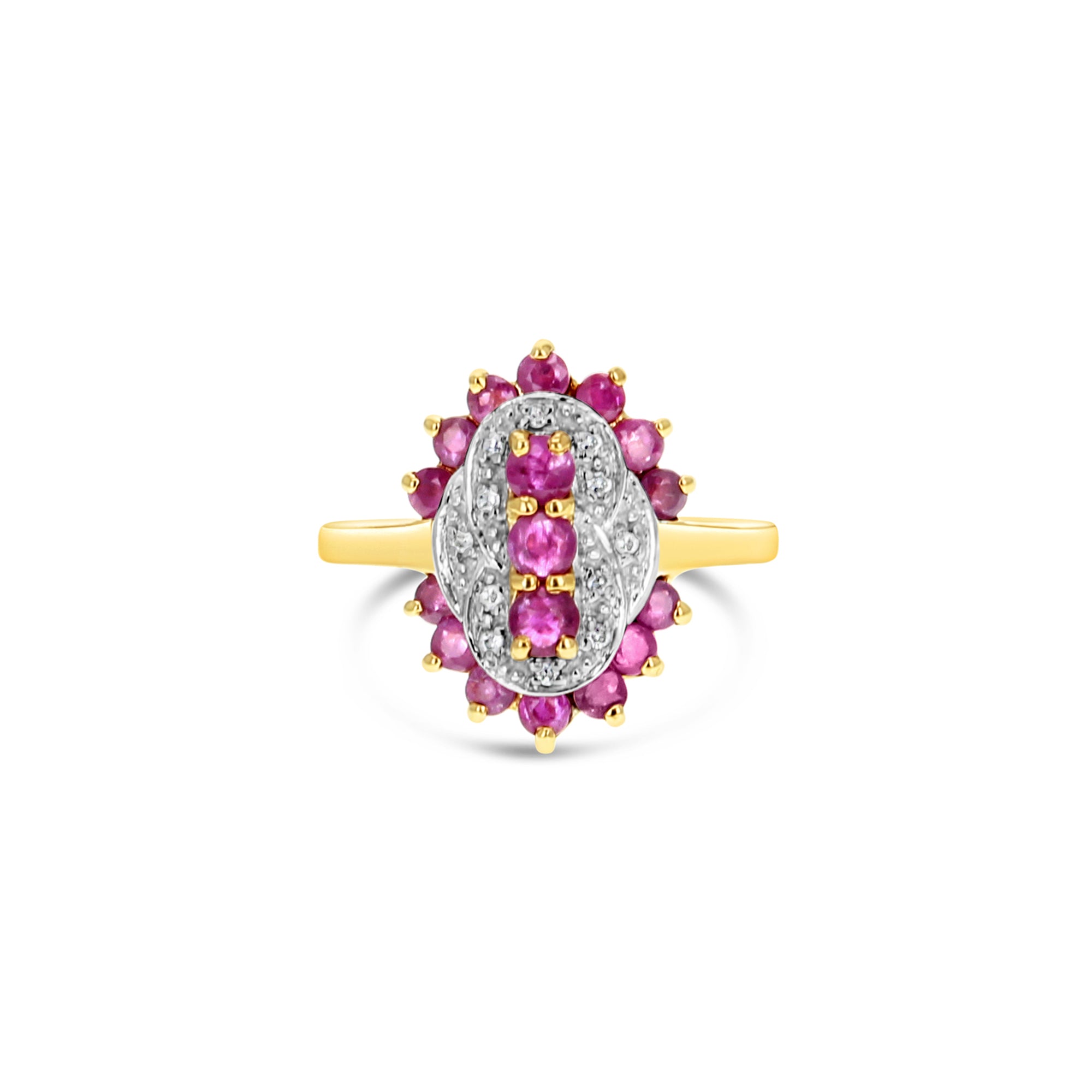 Bague en or jaune 10 carats avec diamants, saphirs ou rubis de style vintage