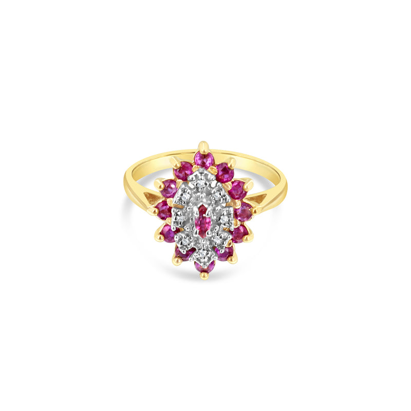 Ruby Diamond Pave Cluster Ring 14k Yellow Gold