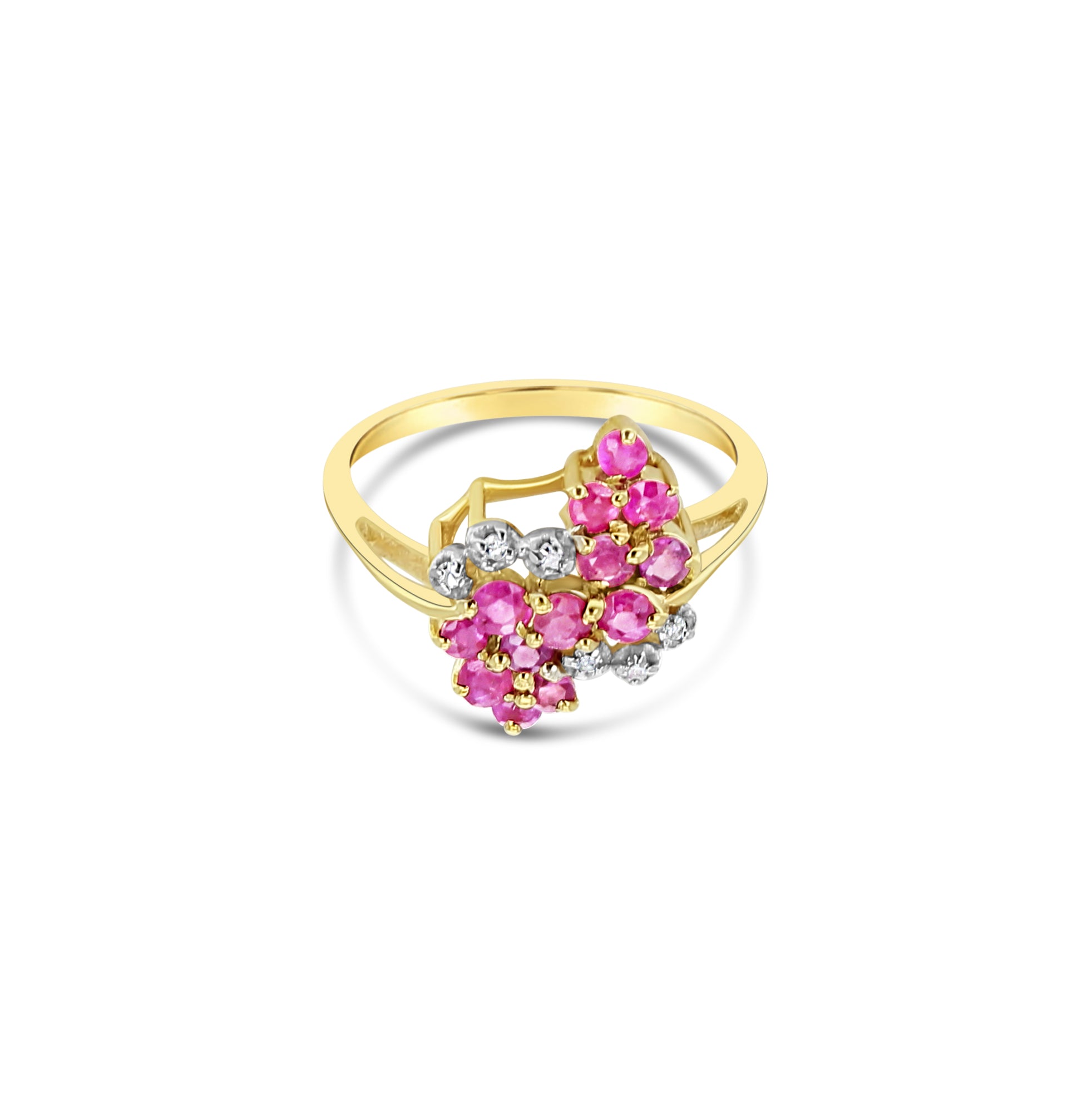 Bague cocktail en or jaune 14 carats avec diamants et rubis