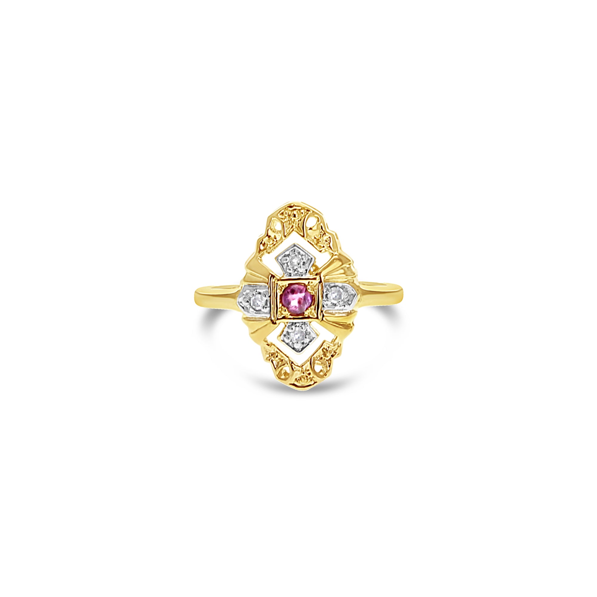 Vintage Style Pave Ruby Diamond Ring 14k Yellow Gold