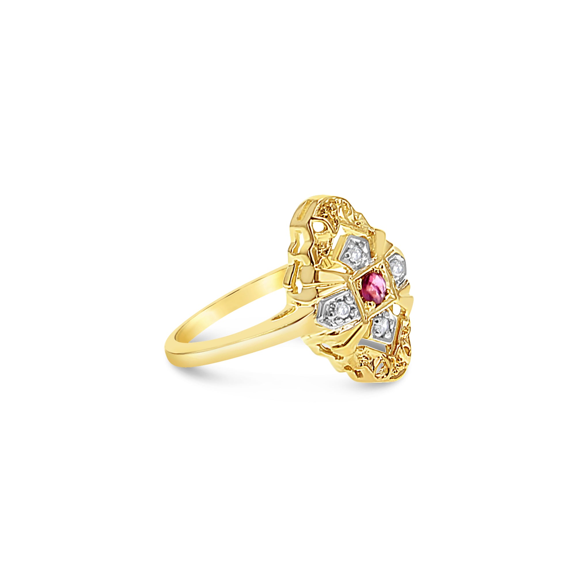 Vintage Style Pave Ruby Diamond Ring 14k Yellow Gold