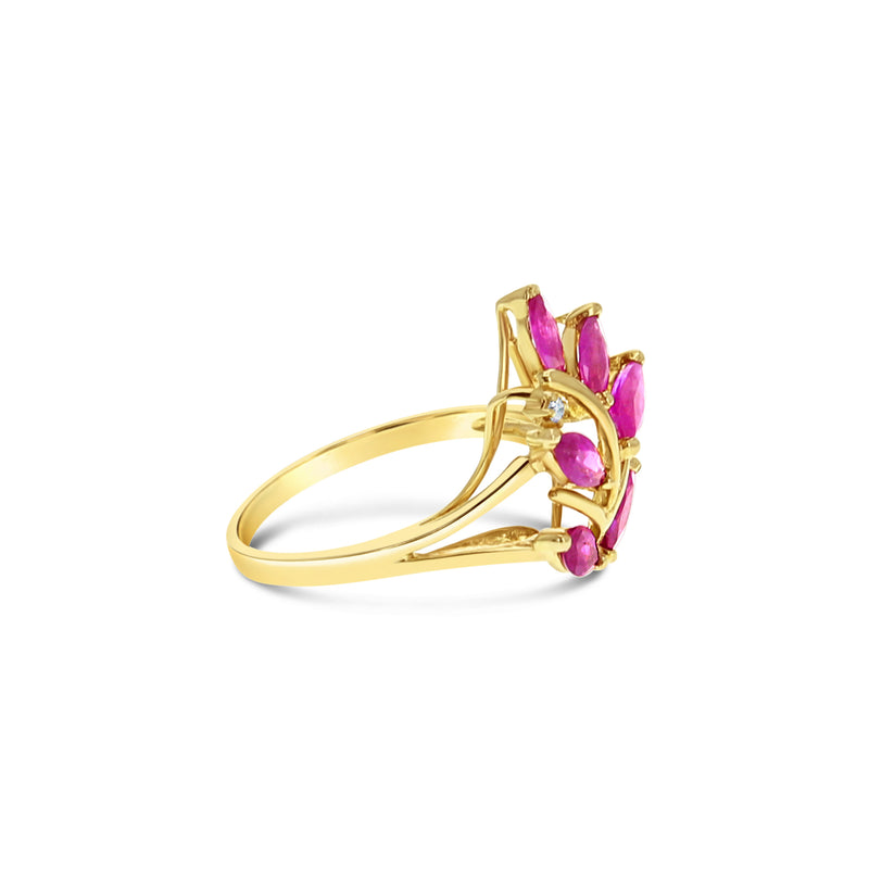 Marquise Ruby Floral Cluster Ring 14k Yellow Gold