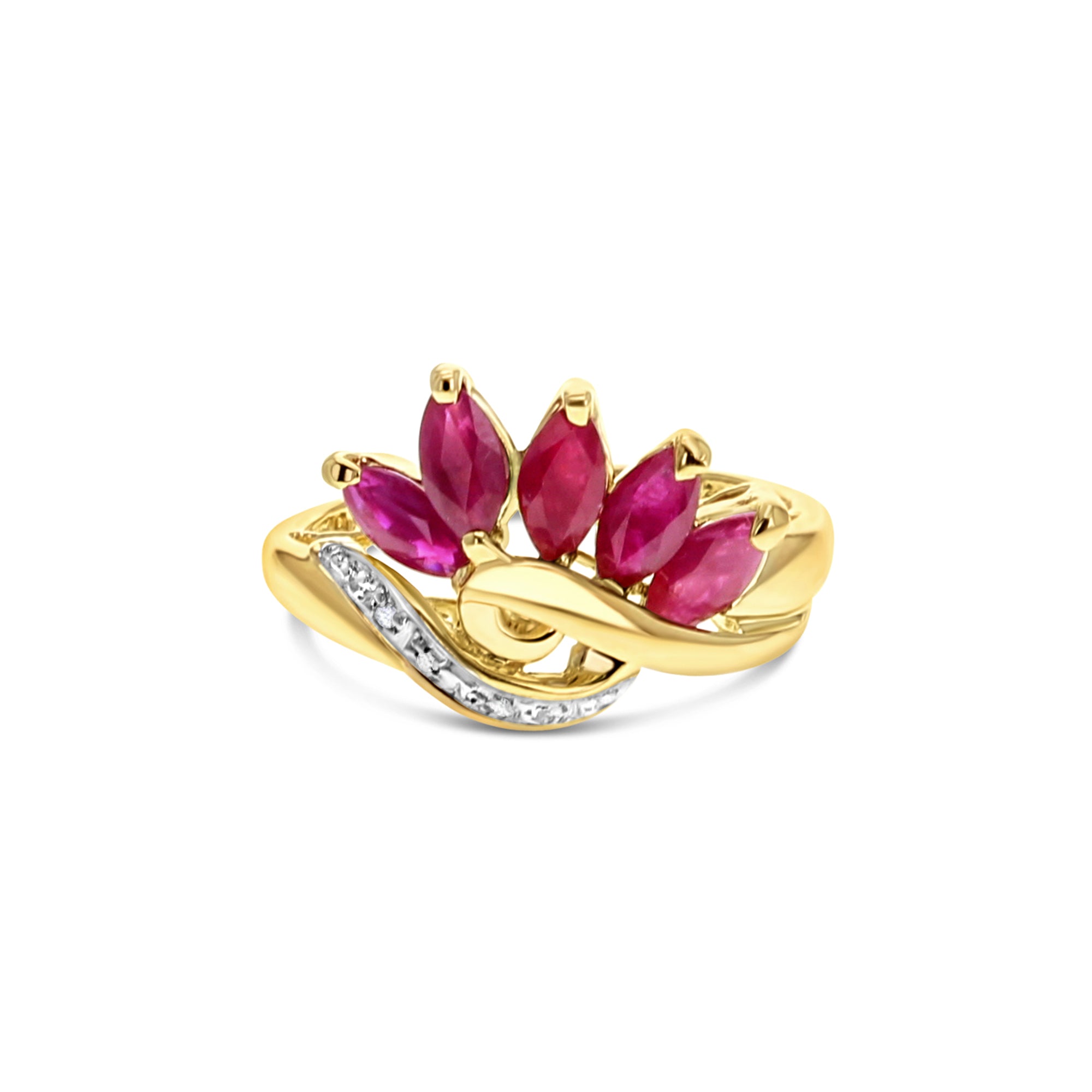 Anillo de diamantes y rubíes marquesa en oro amarillo de 14 k