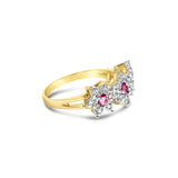 Three Flower Shaped Diamond Ruby Ring 14k Yellow Gold