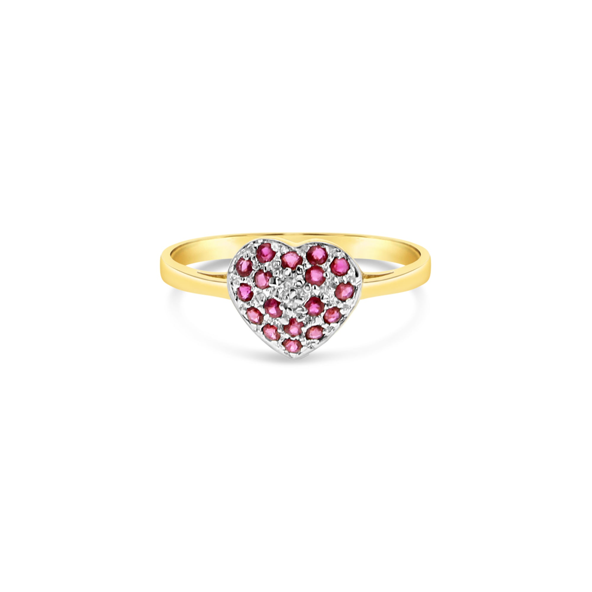 Bague pavée de diamants et rubis en forme de cœur en or jaune 10 carats