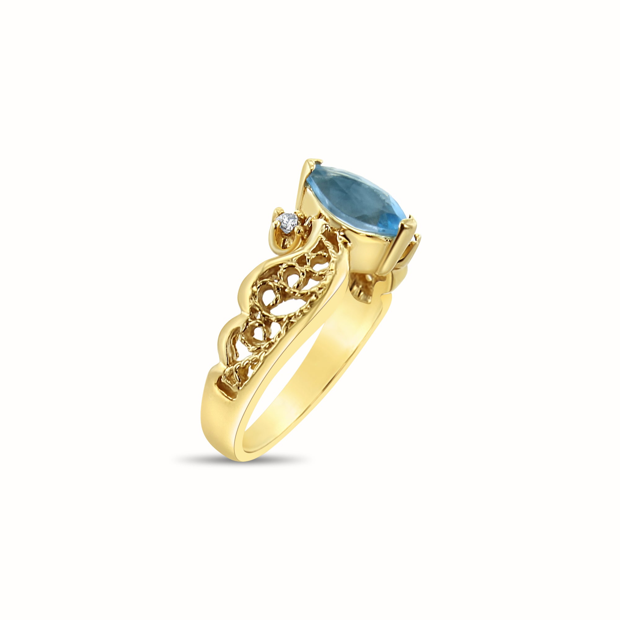 Marquise Blue Topaz Ring with Diamond Accents 14k Yellow Gold