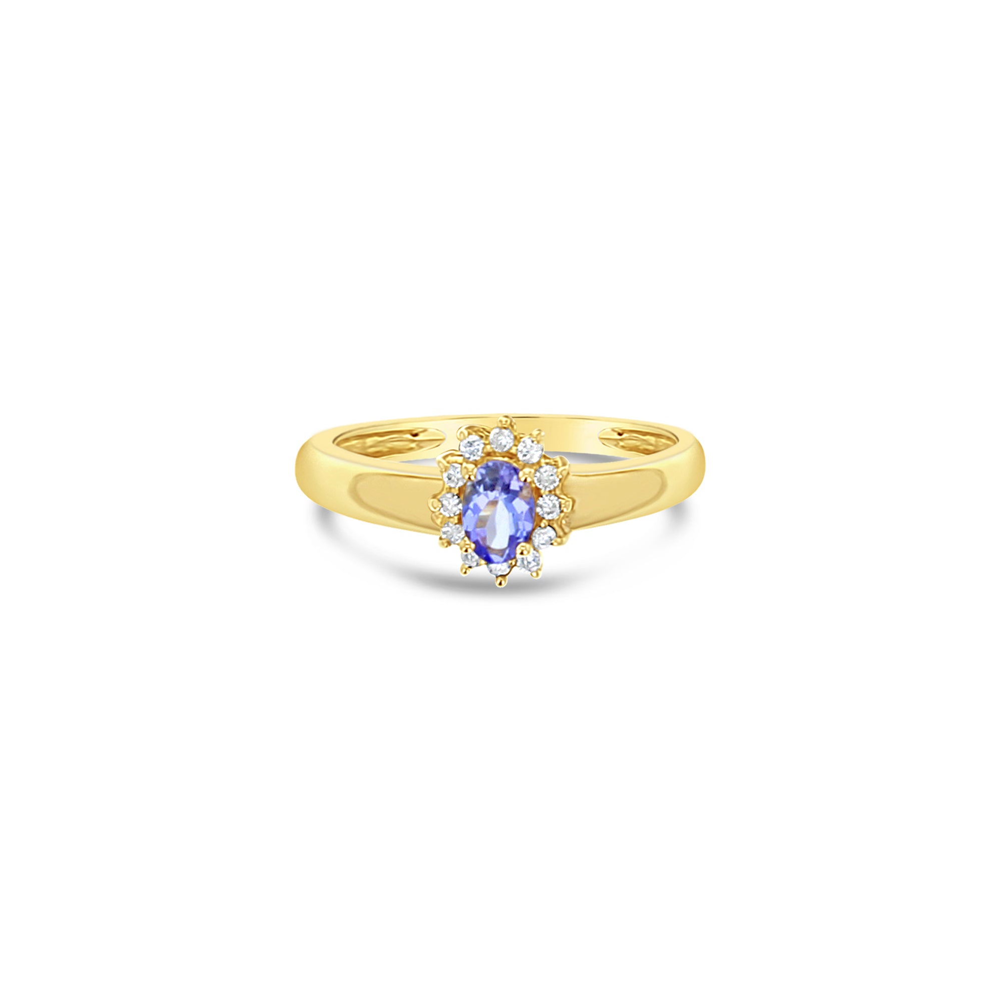 Anillo de diamantes con halo de tanzanita de 0,61 ct en oro amarillo de 14 k