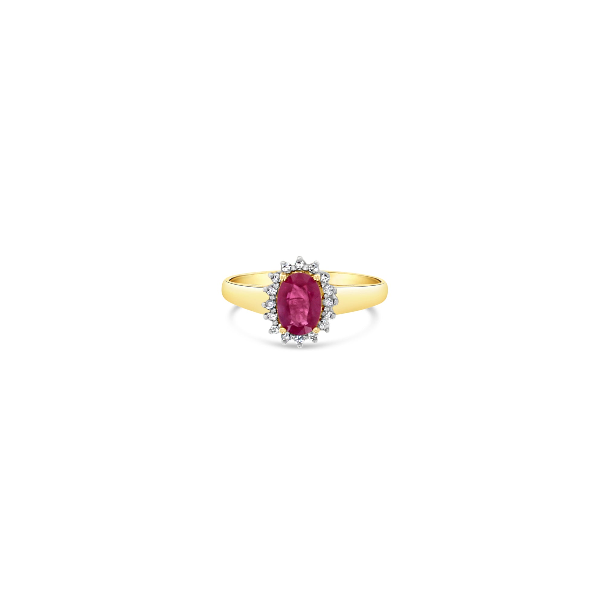 Bague halo multi-pierres diamants et rubis 1,12 ct en or jaune 14 carats