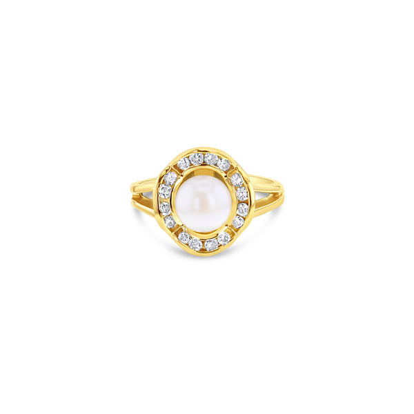 Flower Shaped Pearl Diamond Ring .37cttw 14k Yellow Gold