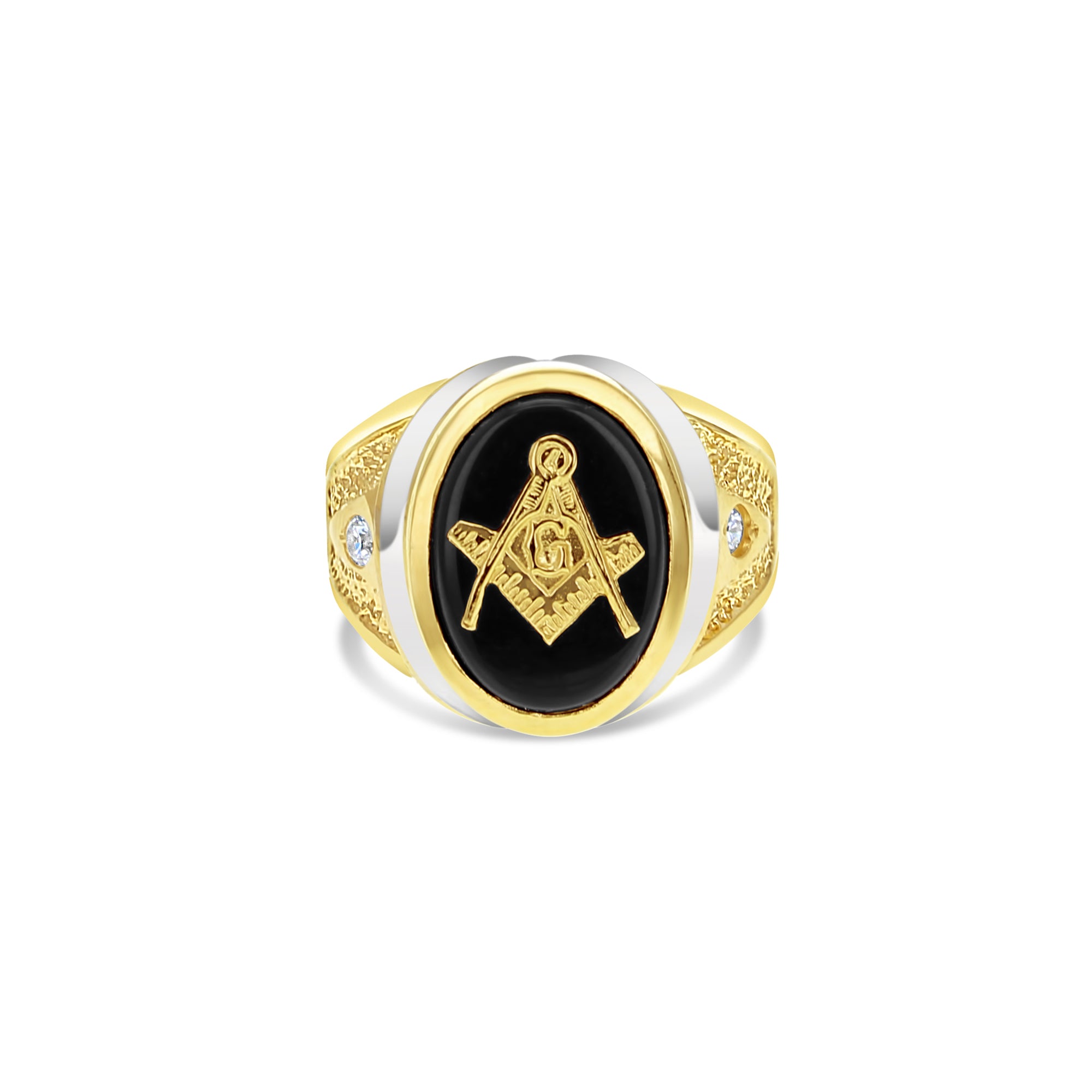 Men's Onyx Free Mason Gold Ring 14k Two-Toned Gold