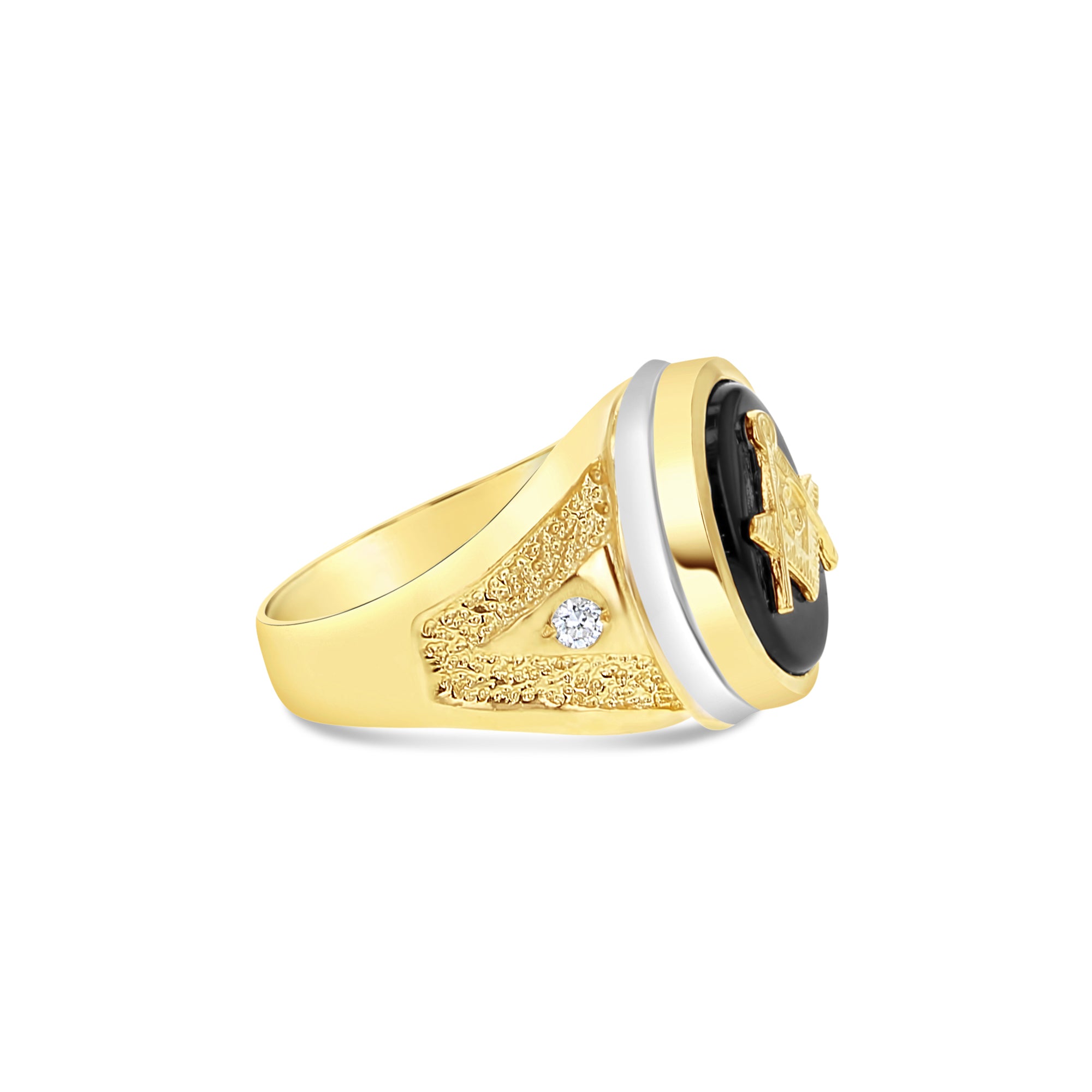 Men's Onyx Free Mason Gold Ring 14k Two-Toned Gold