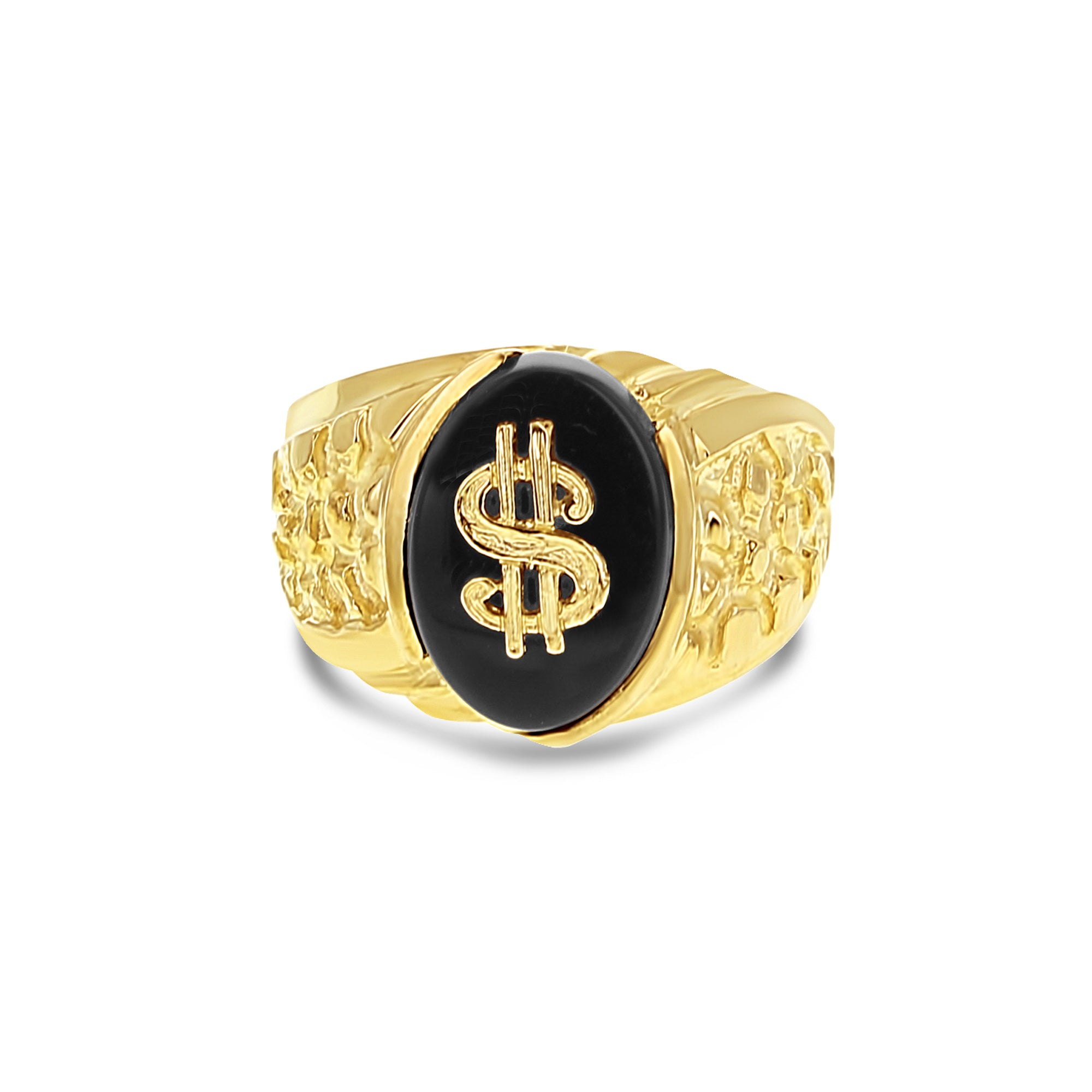 Anillo con sello de ónix y símbolo de dinero en oro amarillo de 10 k