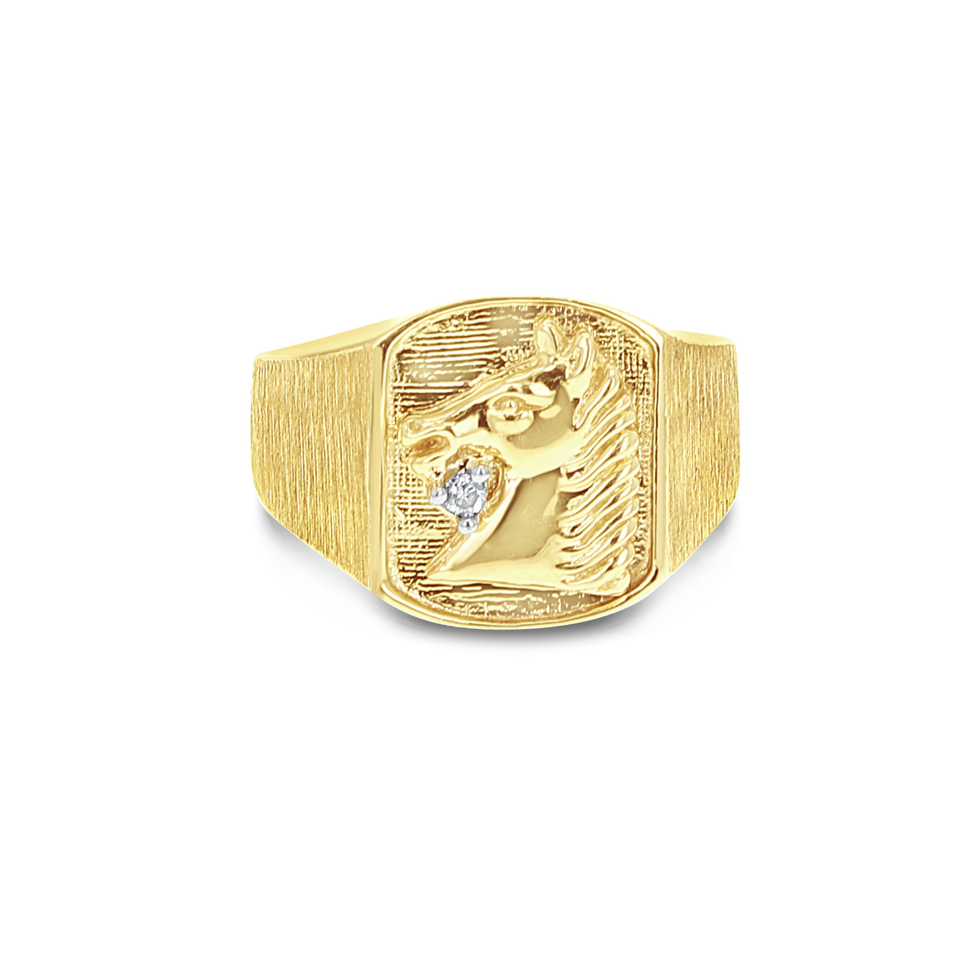 Chevalière en or jaune 10 carats avec tête de cheval et diamant